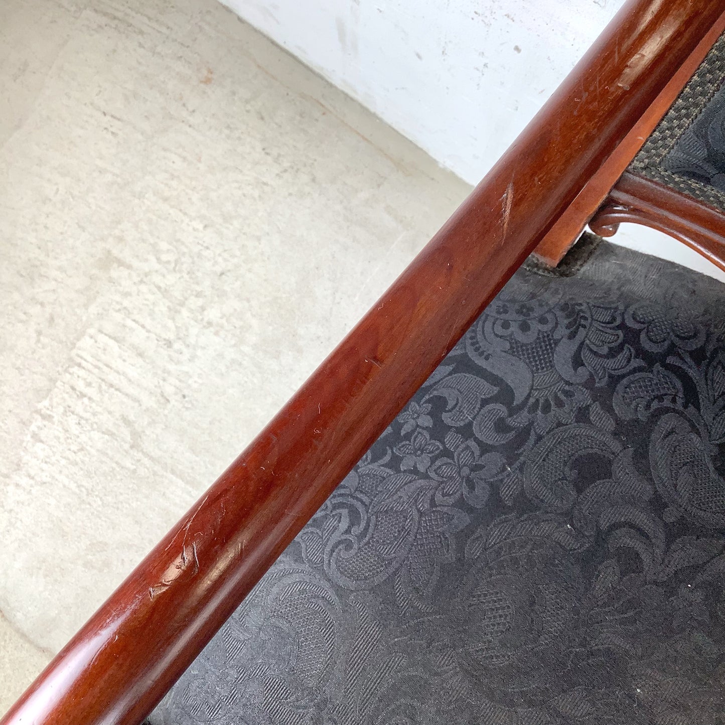 Empire Style Mahogany Armchair | Carved Acanthus Frame | Black Damask Upholstery | Neoclassical