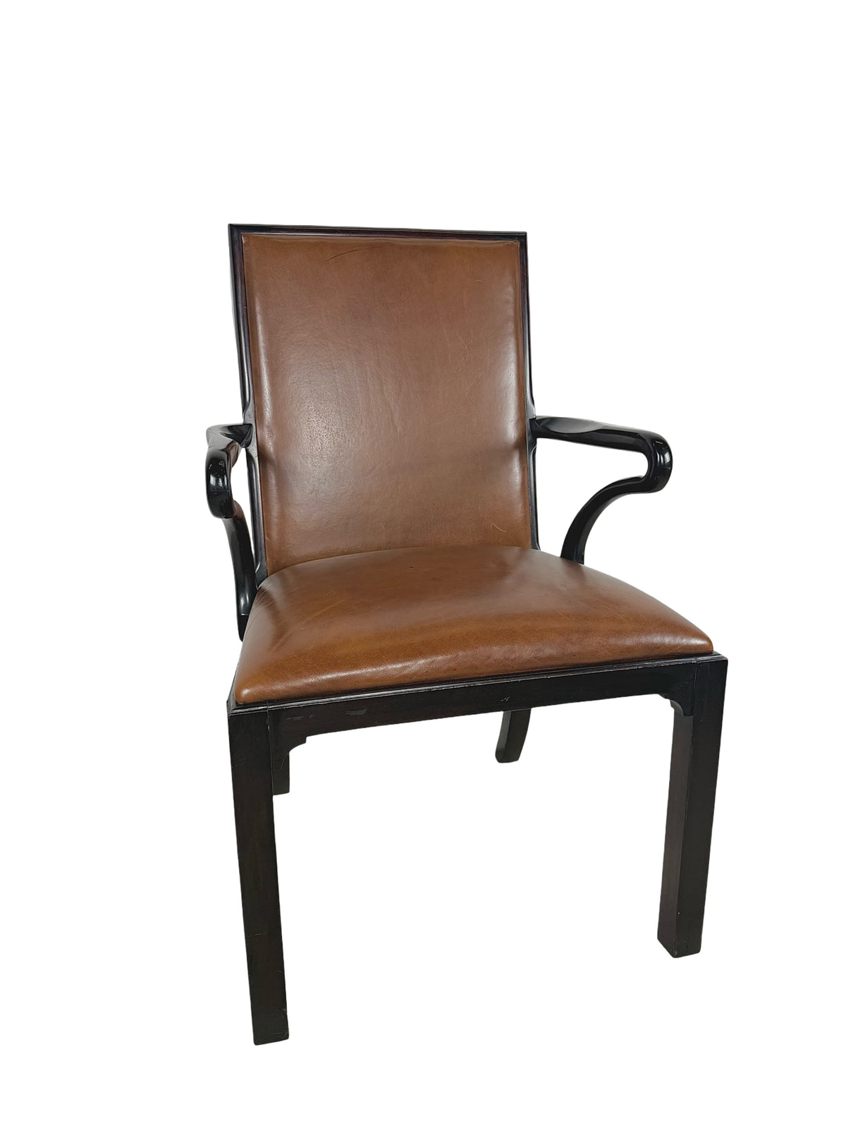 Vintage Baker Furniture Brown Leather & Ebonized Wood Armchair