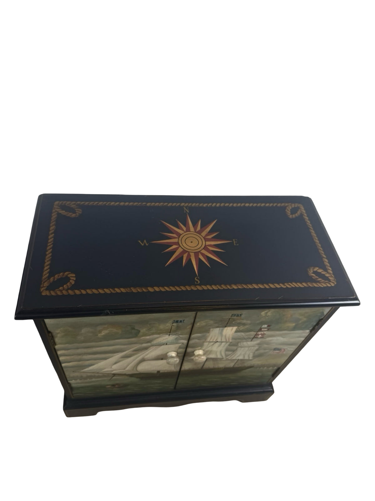 Pair of Hand-Painted Nautical Cabinets — Clipper Ship & Compass Rose Design