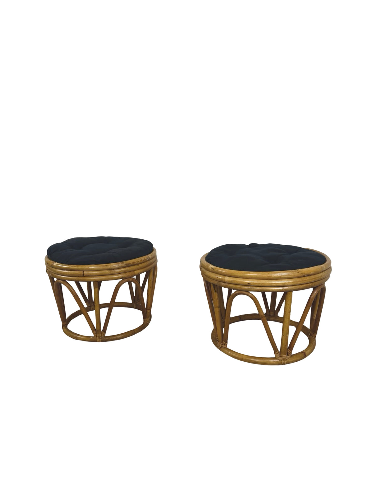 Pair of Vintage Rattan Bamboo Round Ottoman Footstools with Black Cushions, 1970s