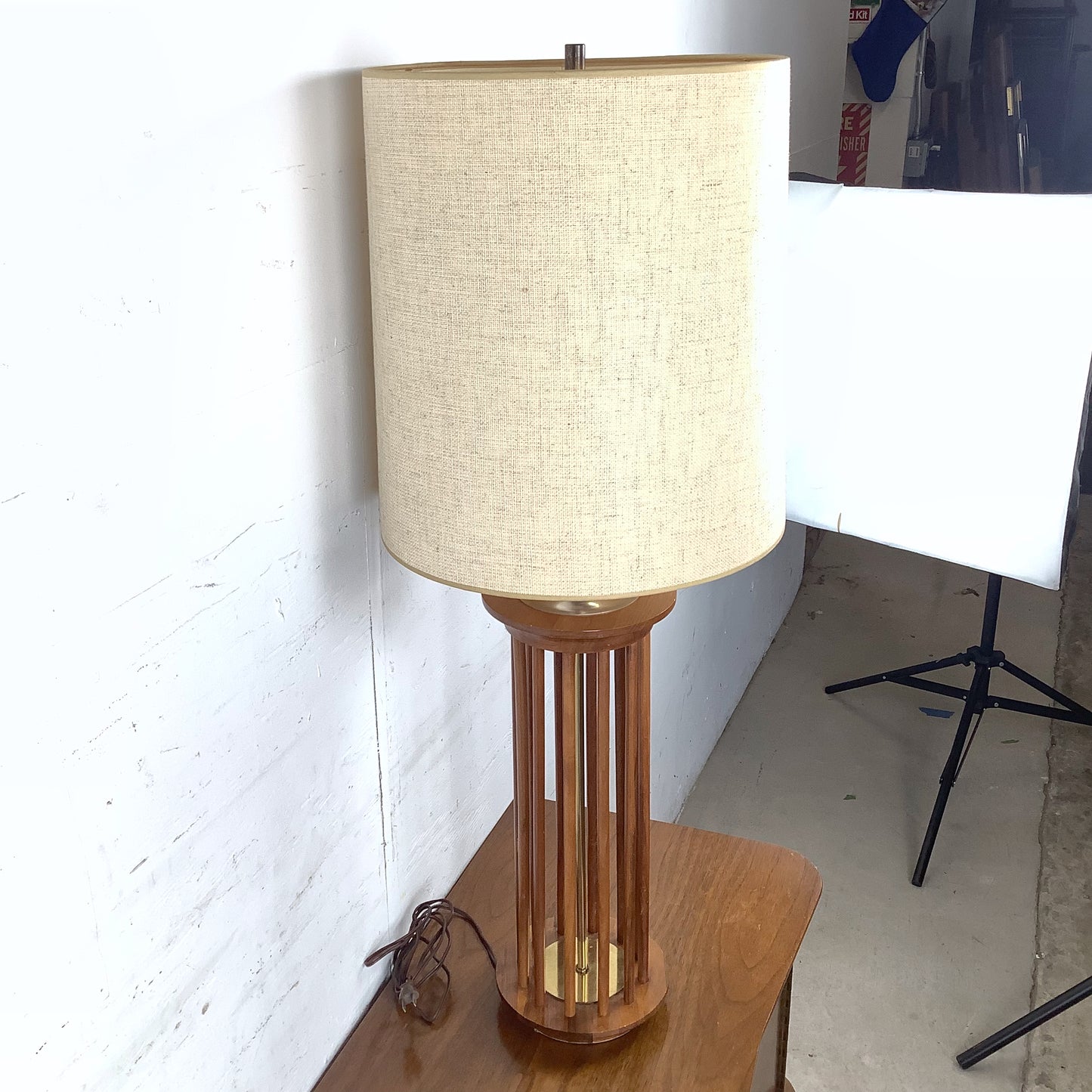 Vintage Mid-Century Walnut Dowel Table Lamp with Linen Drum Shade