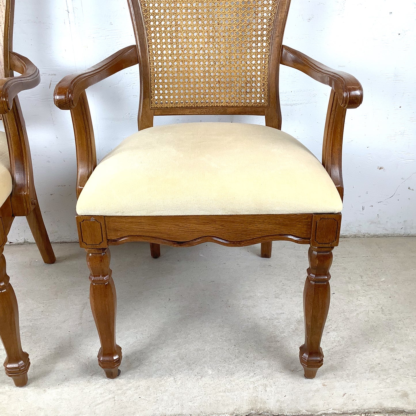 Pair of Vintage Provincial High-Back Cane Armchairs — Walnut, Burlwood Crest, 1970s