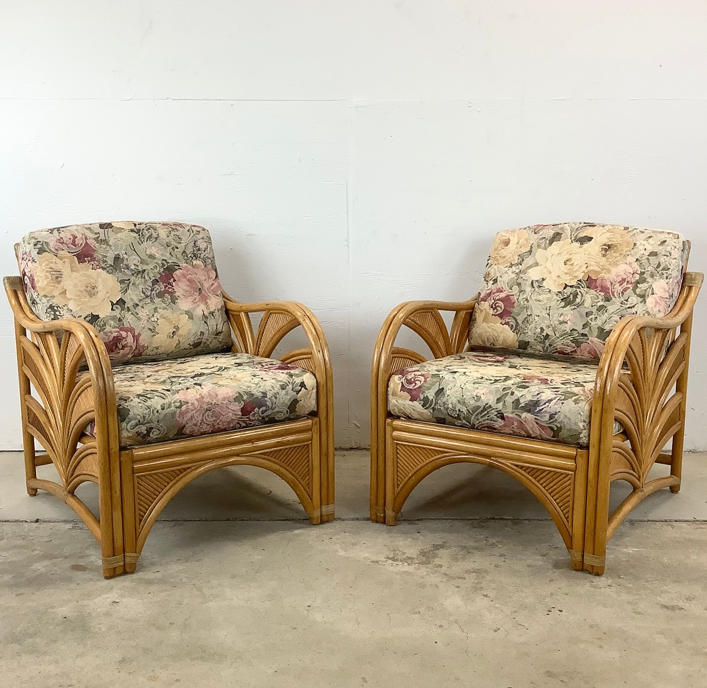 Pair Vintage Coastal Rattan Lounge Chairs