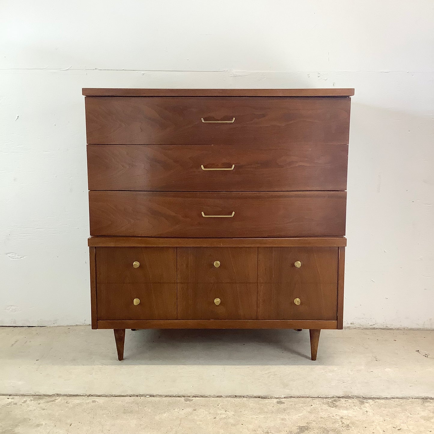 Mid-Century Walnut Highboy Dresser by Bassett Furniture