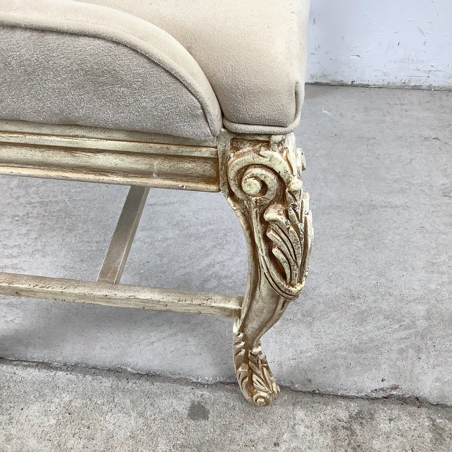 French-Inspired Decorator Bench with Carved Wood Frame