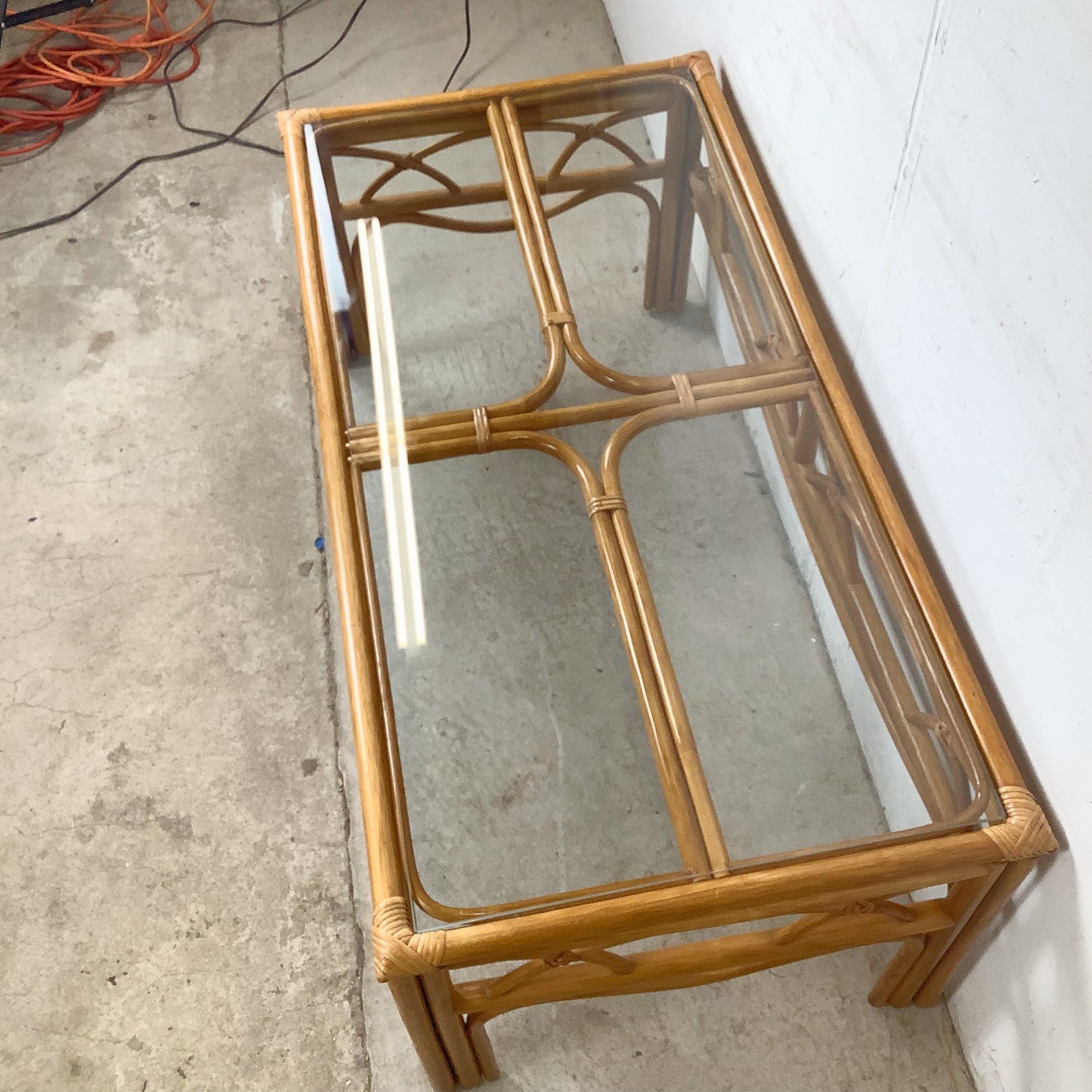 Vintage Rattan Cocktail Table, Cathedral Arch Apron with Glass Top