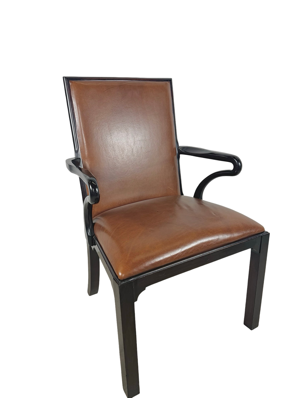 Vintage Baker Furniture Brown Leather & Ebonized Wood Armchair