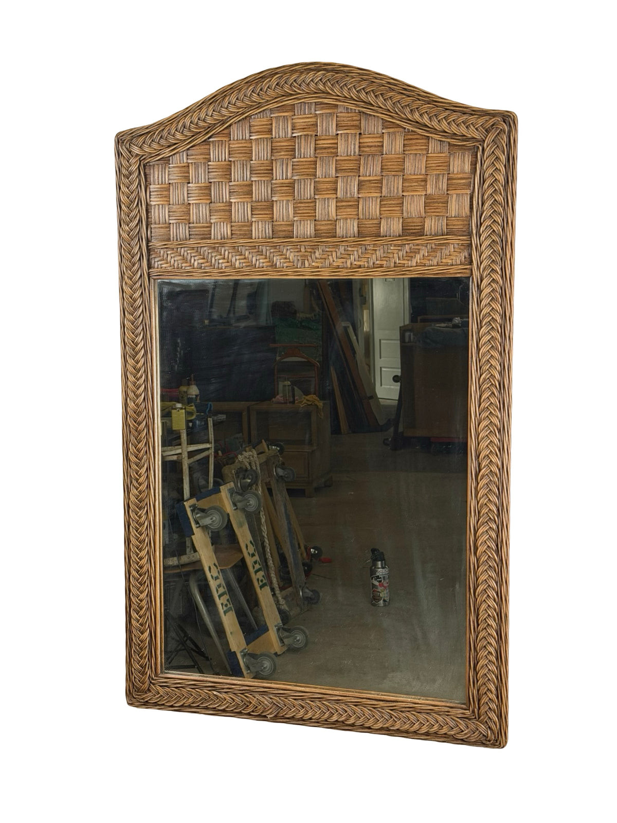 Vintage Arched Wicker Wall Mirror with Basket-Weave Panel and Braided Frame
