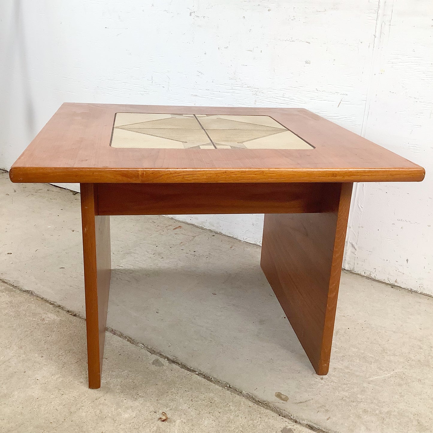 Vintage Danish Modern Teak Side Table with Ceramic Tile Inset — Geometric, Scandinavian, 1960s–1970s