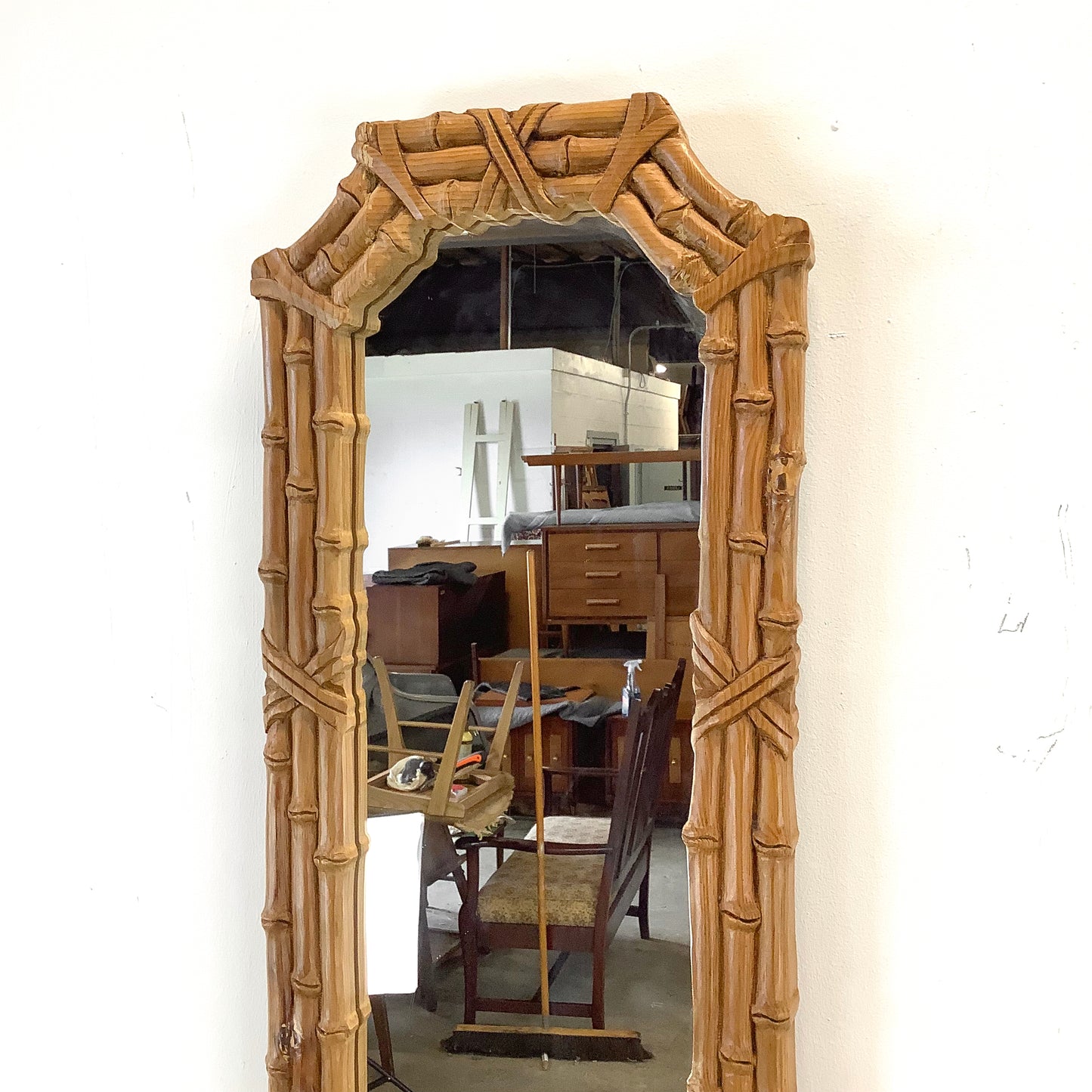 Natural Wood Faux Bamboo Mirror – 1970s Bohemian Coastal Design