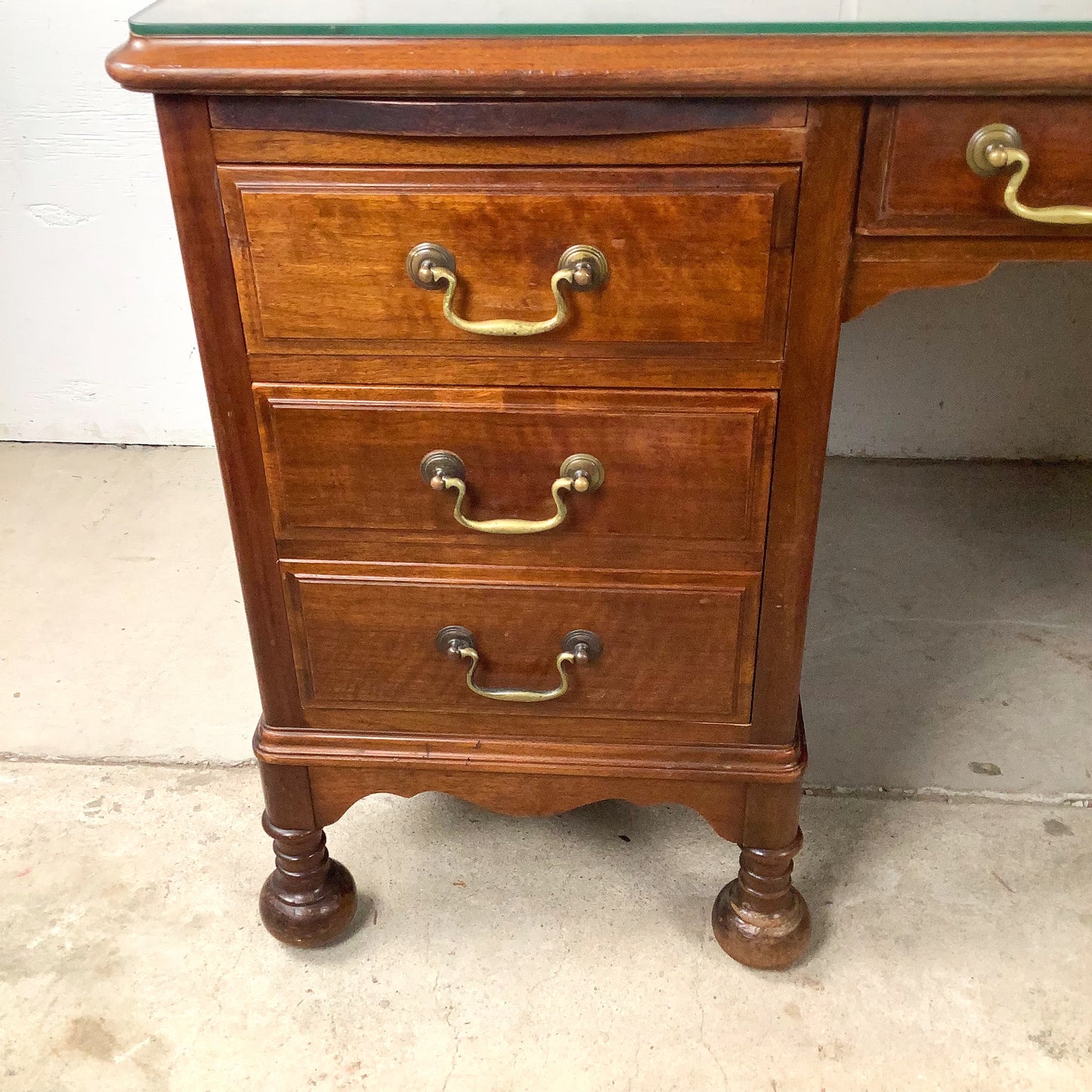 Antique Queen Anne Revival Kneehole Pedestal Desk | Burl Walnut | Brass Bail Pulls | Bun Feet |c. 20th C