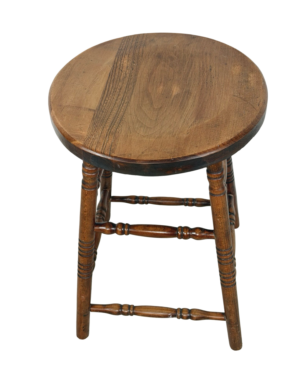 Antique Country Turned-Leg Round Wooden Stool, Primitive Farmhouse