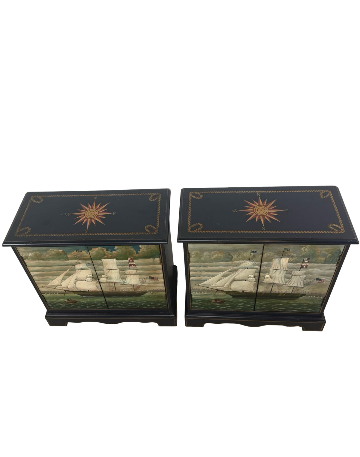 Pair of Hand-Painted Nautical Cabinets — Clipper Ship & Compass Rose Design