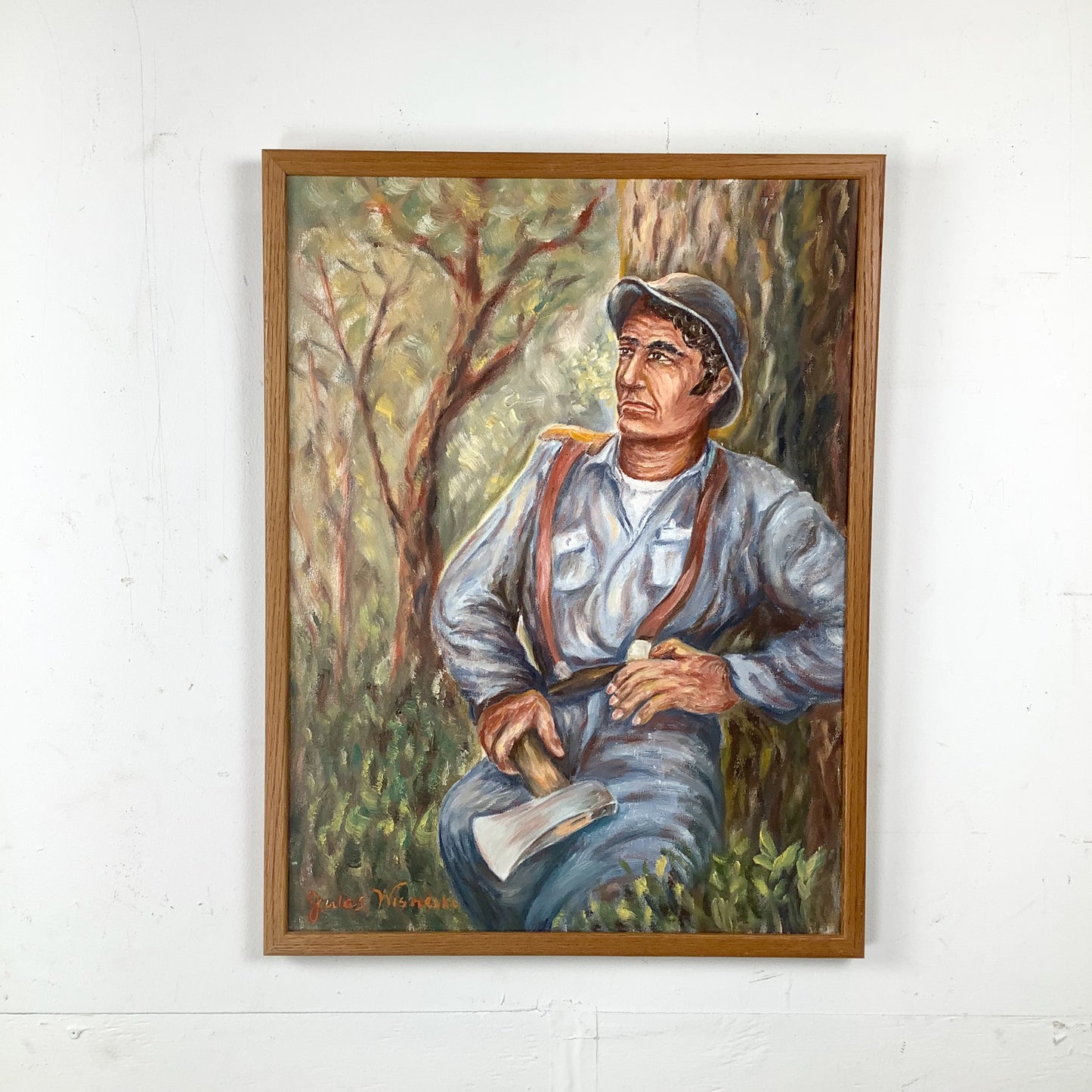 Mid-Century Figurative Oil Painting of Seated Woodsman — Jules Wisneski