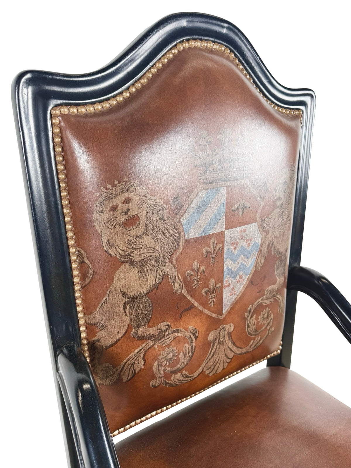 Ferguson Copeland Carved Wood & Leather Crest Armchair