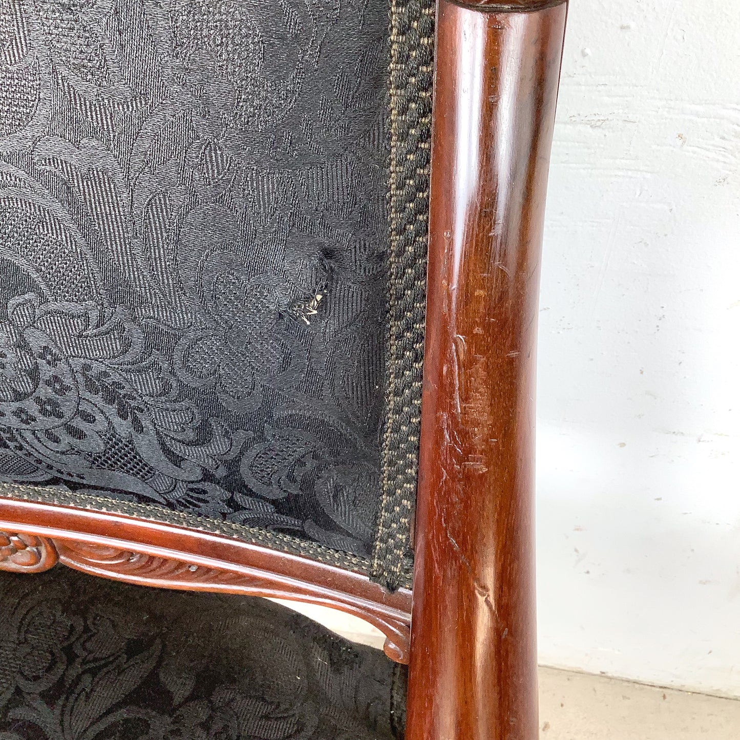 Empire Style Mahogany Armchair | Carved Acanthus Frame | Black Damask Upholstery | Neoclassical