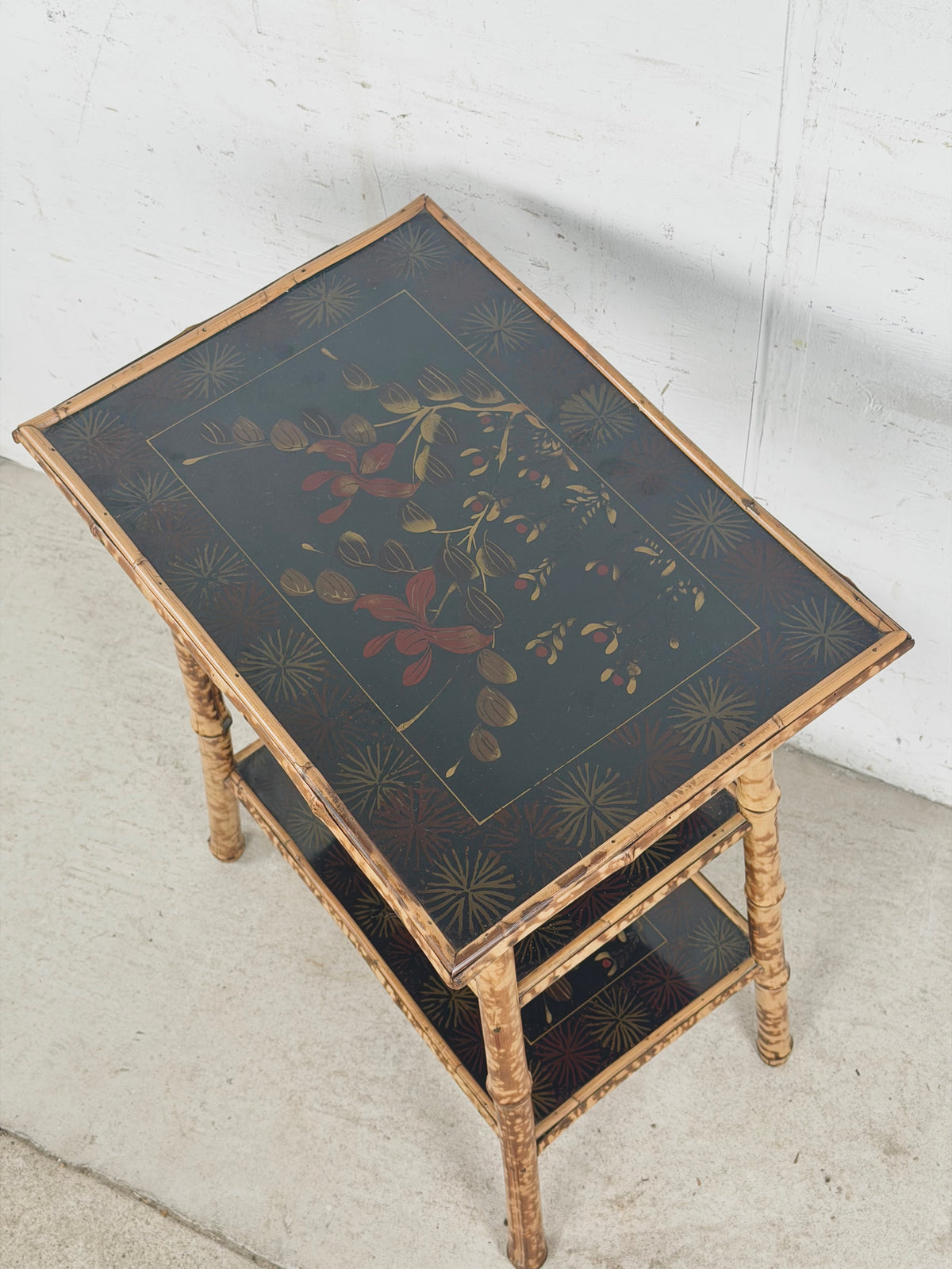 Antique Victorian Aesthetic Movement Tiger Bamboo Three-Tier Side Table with Floral Shelves