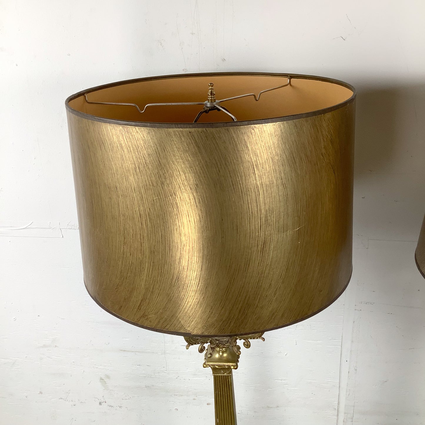 Pair of Neoclassical Brass Table Lamps with Fluted Columns and Ornate Candelabra Tops