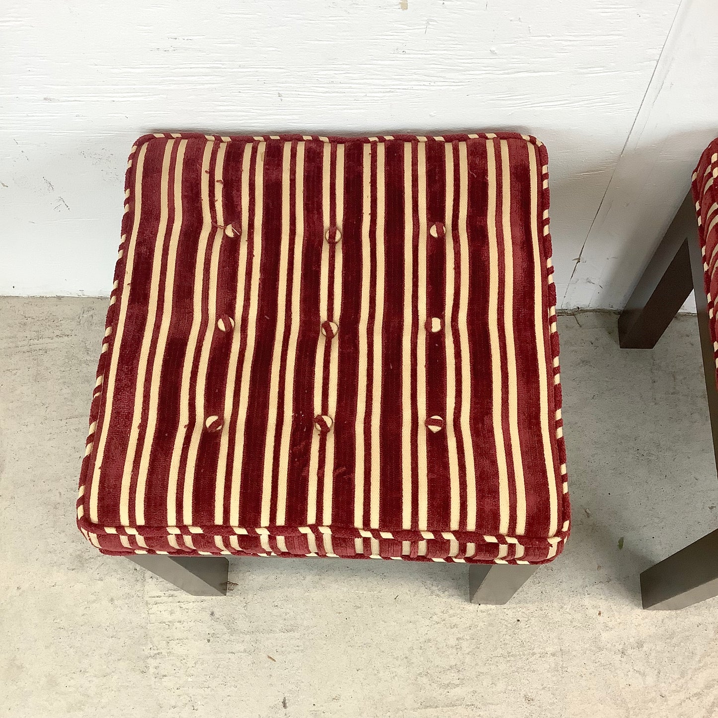 Pair of Vintage Mid-Century Tufted Footstools with Striped Fabric