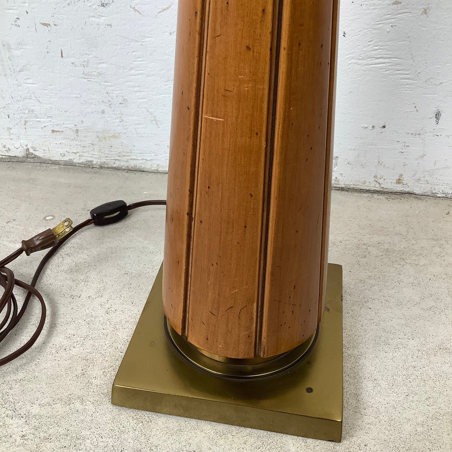Vintage Mid Century Modern Walnut and Brass Table Lamp with Large Drum Shade