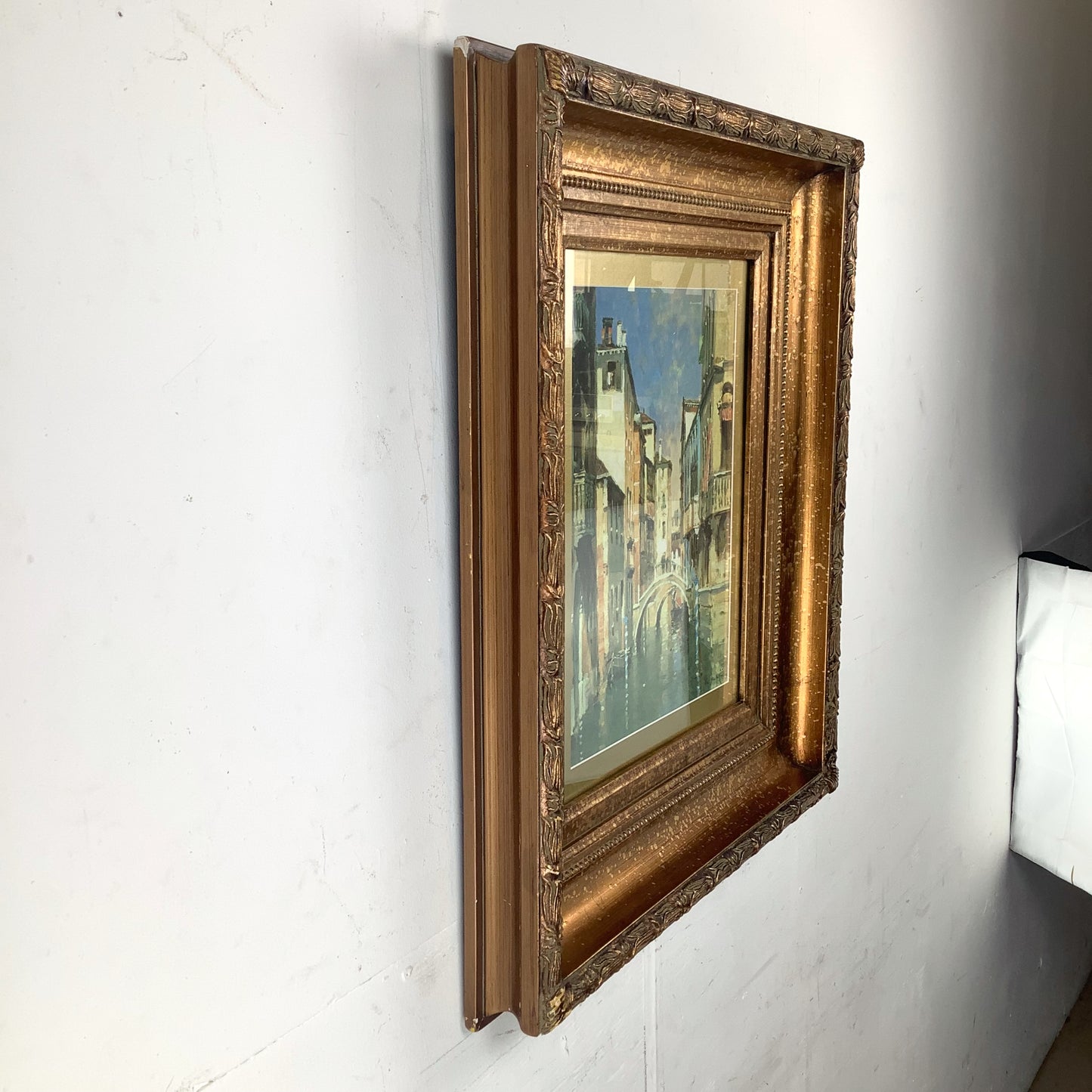 European Grand Tour Canal Scene, Decorative Print in Carved Gilt Frame