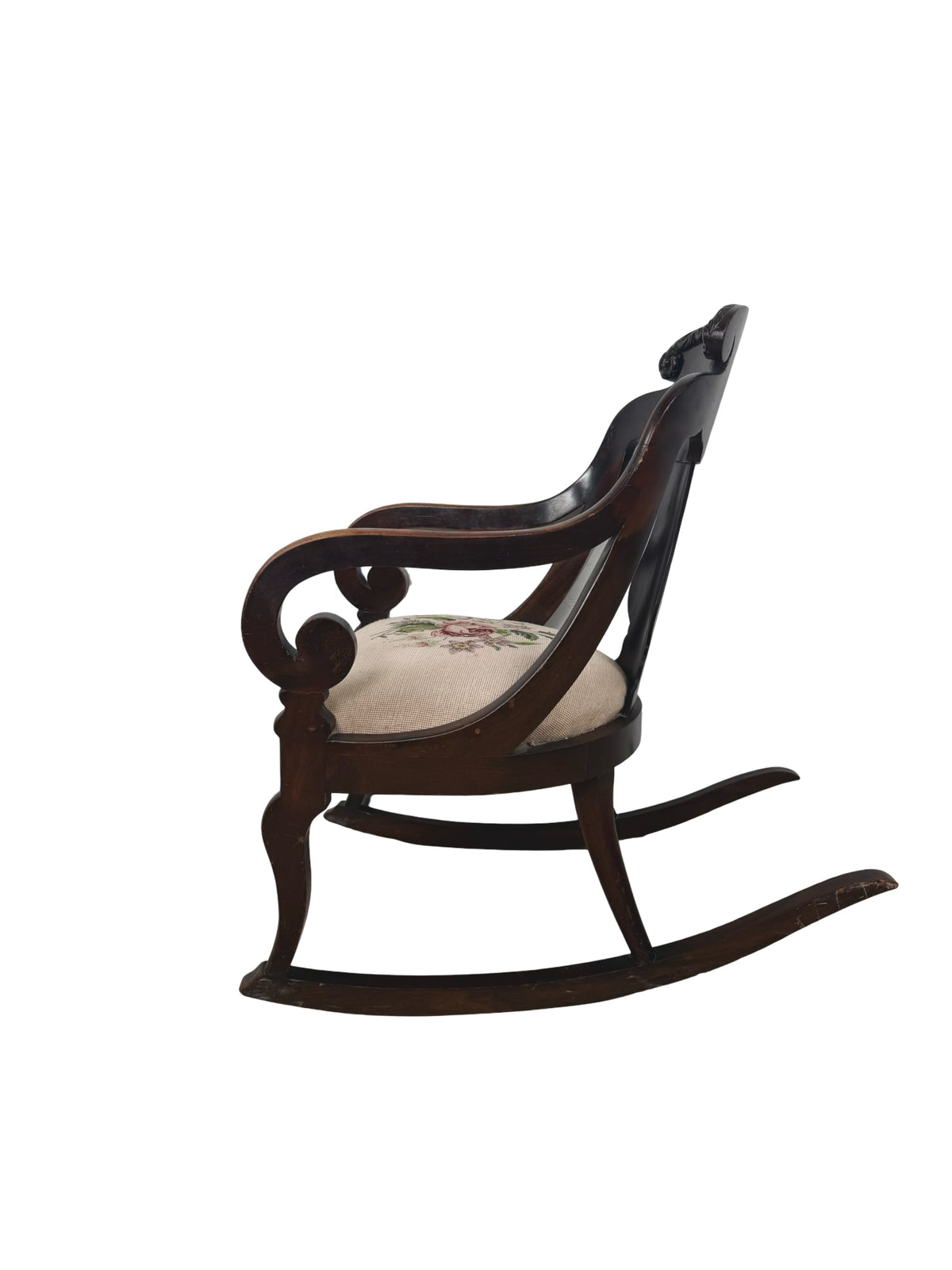 Antique American Classical Carved Wood Rocking Chair with Floral Needlepoint Seat
