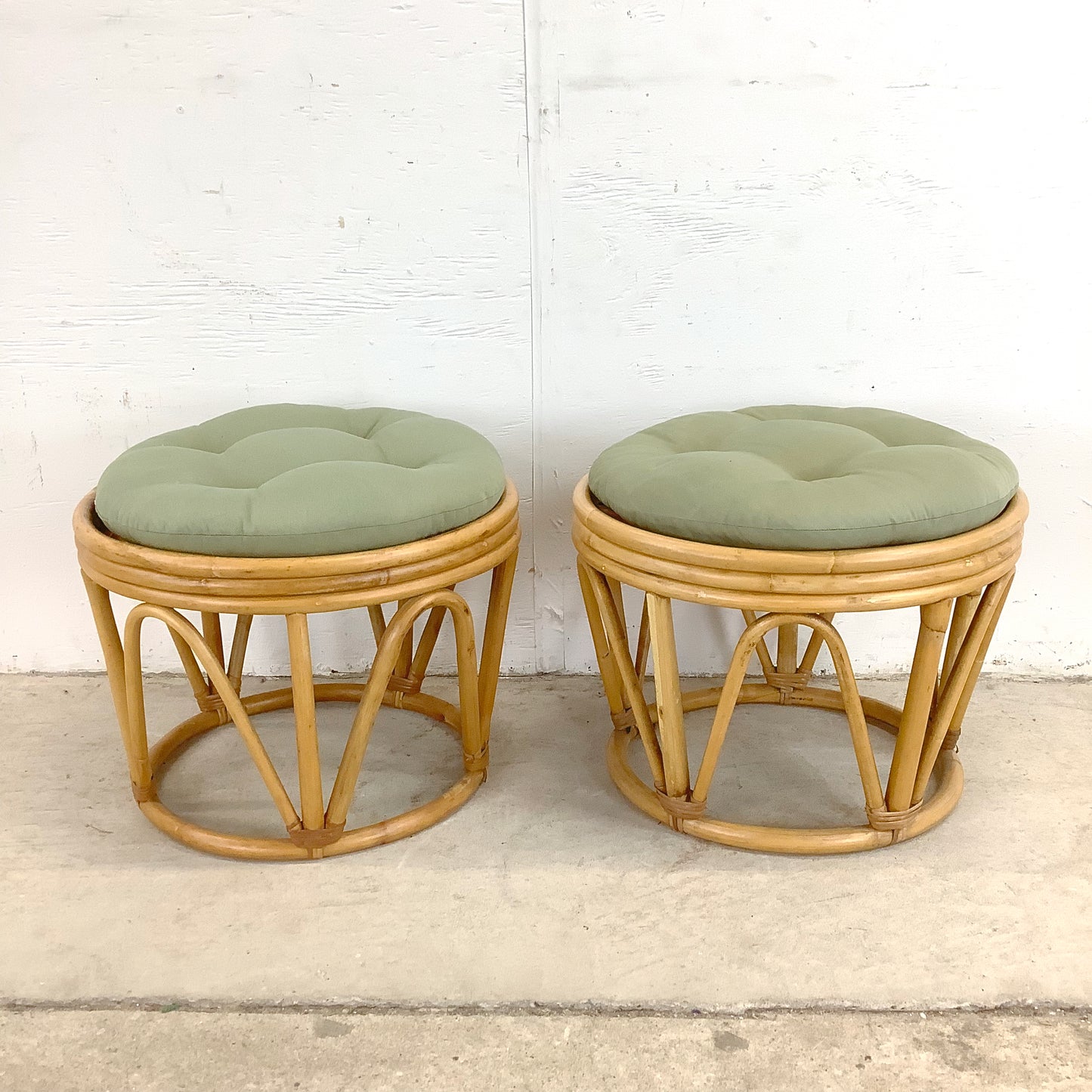 Pair Vintage Boho Rattan Footstools