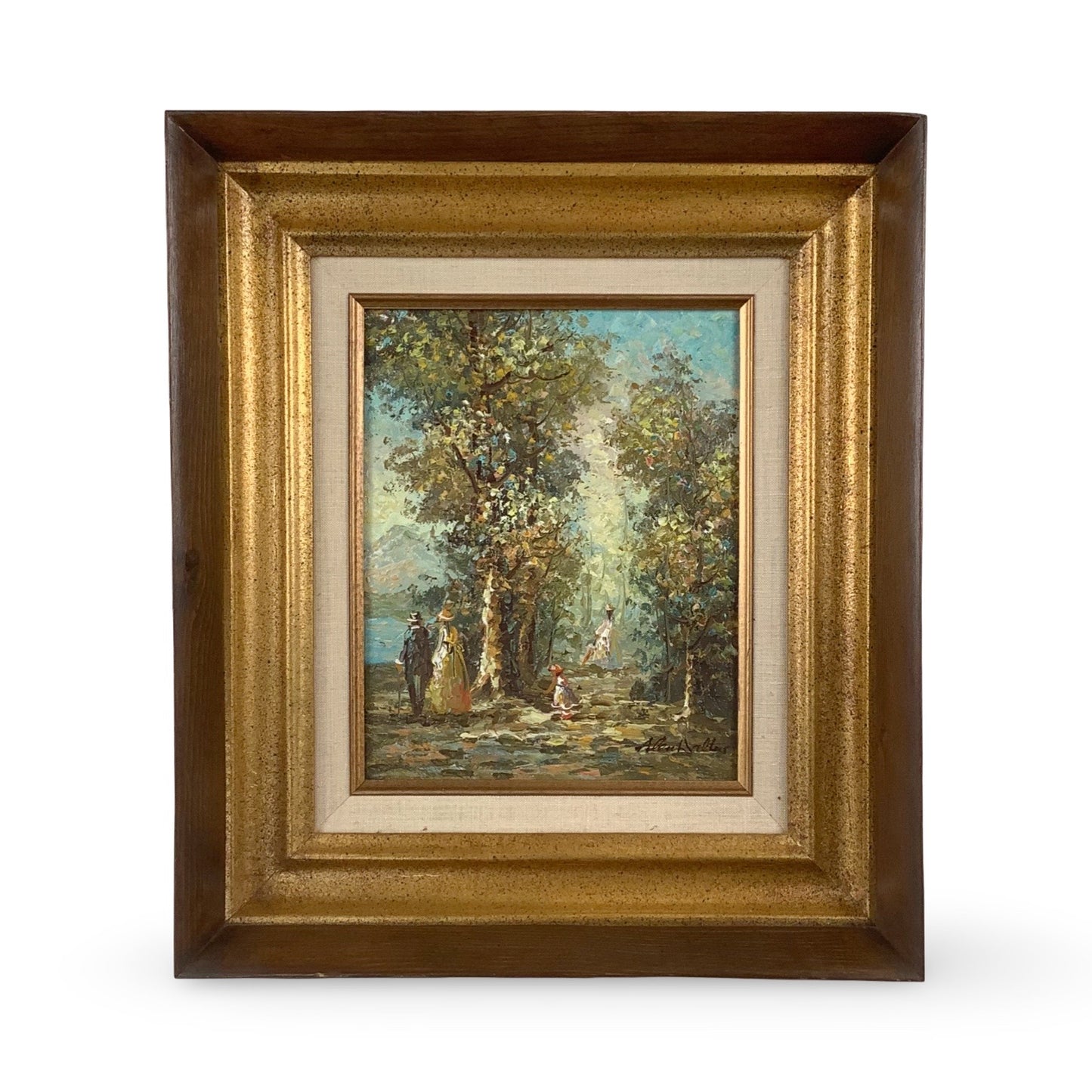 European Impressionist Revival Oil Painting with Figures, Signed and Framed