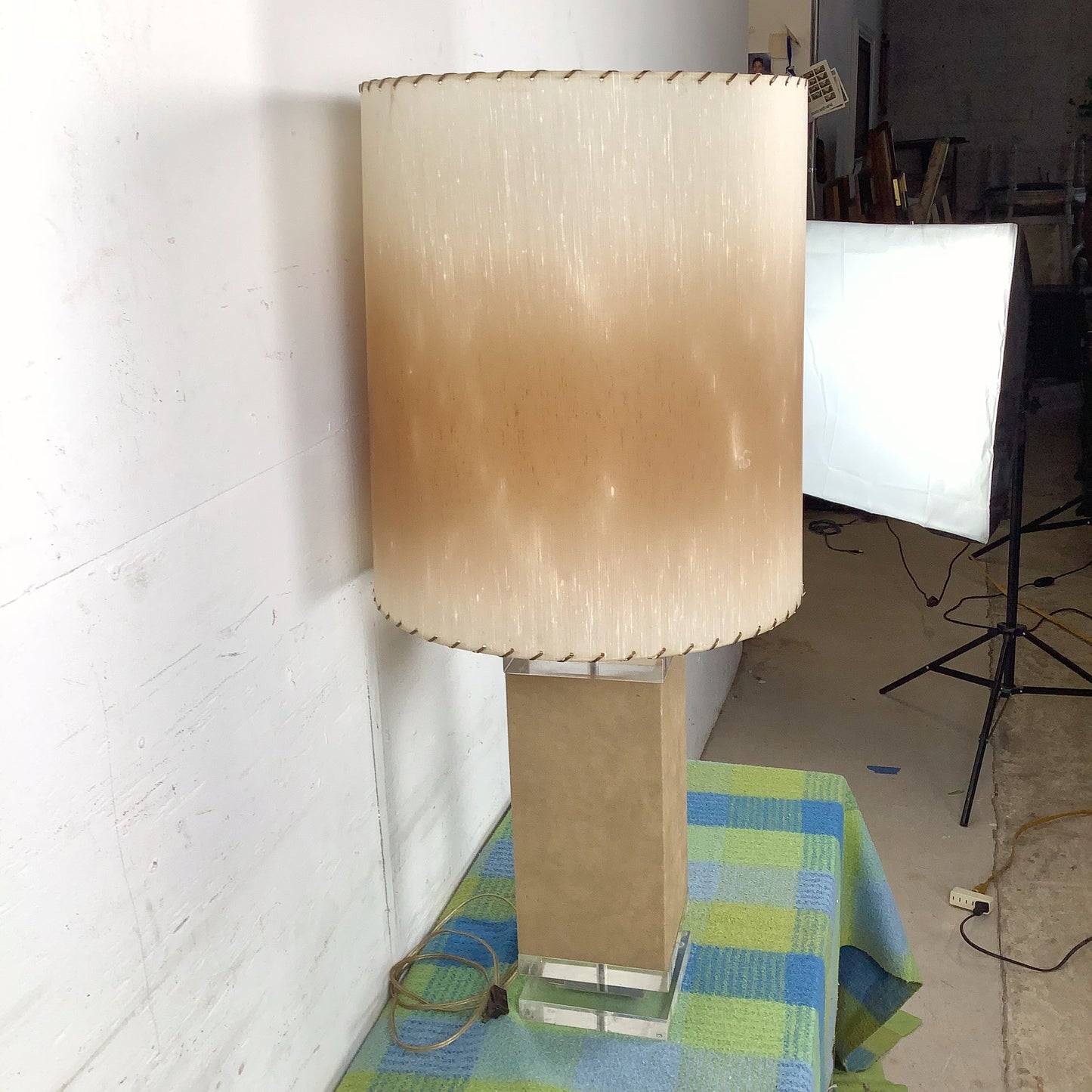 Vintage Architectural Table Lamp with Wrapped Column and Clear Lucite Base