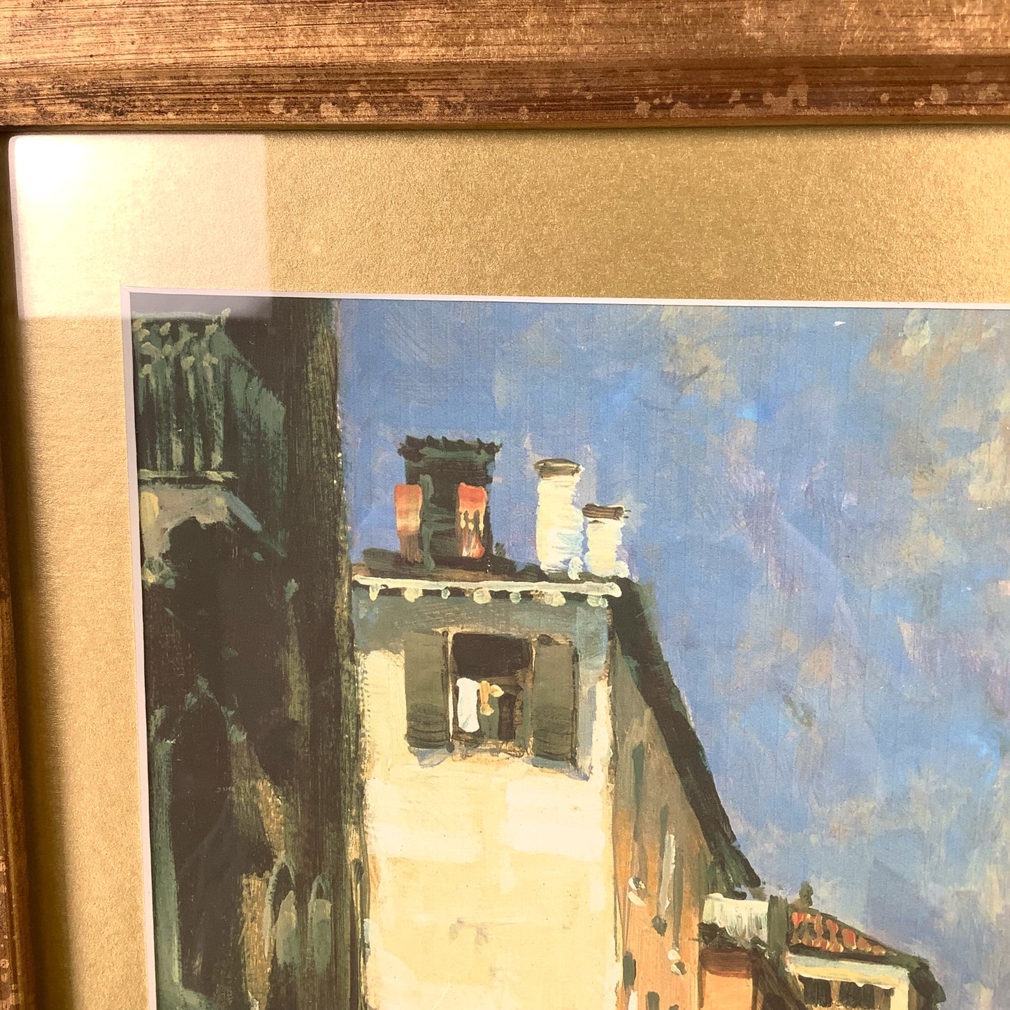 European Grand Tour Canal Scene, Decorative Print in Carved Gilt Frame