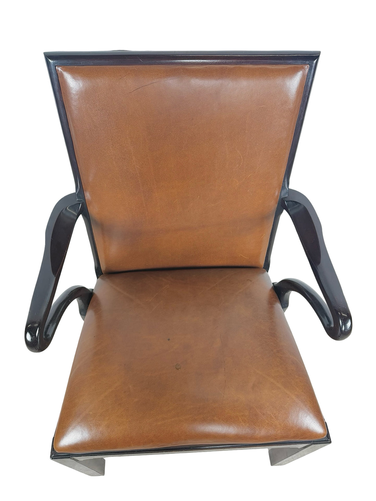 Vintage Baker Furniture Brown Leather & Ebonized Wood Armchair
