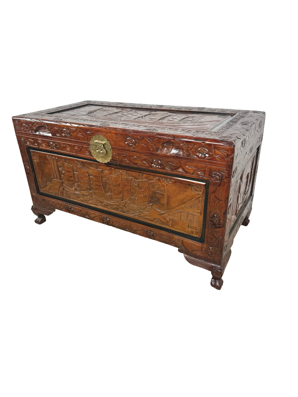 Vintage Asian Carved Wood Storage Chest with Figural Relief Carvings