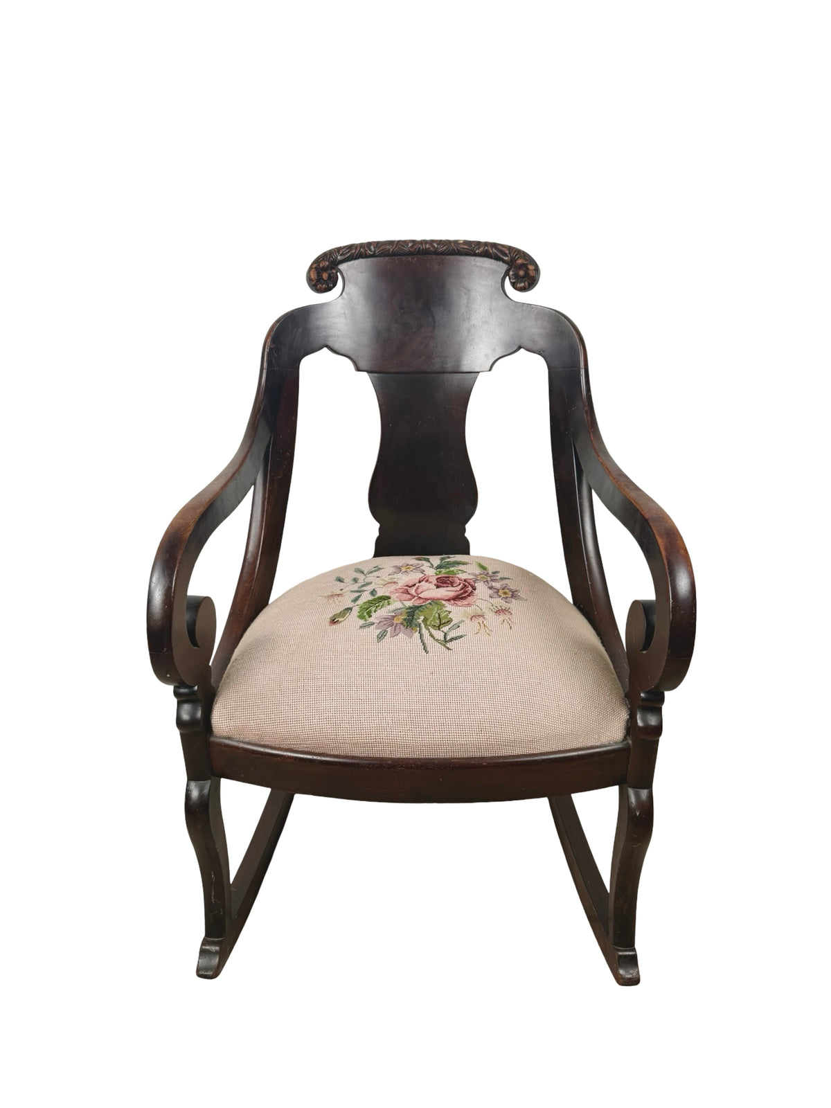 Antique American Classical Carved Wood Rocking Chair with Floral Needlepoint Seat