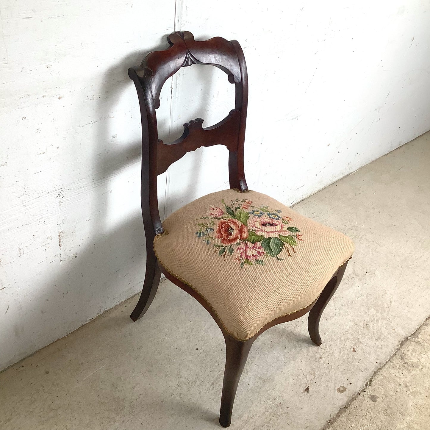  Vintage Chippendale Style Mahogany Side Chair with Floral Needlepoint Upholstered Seat