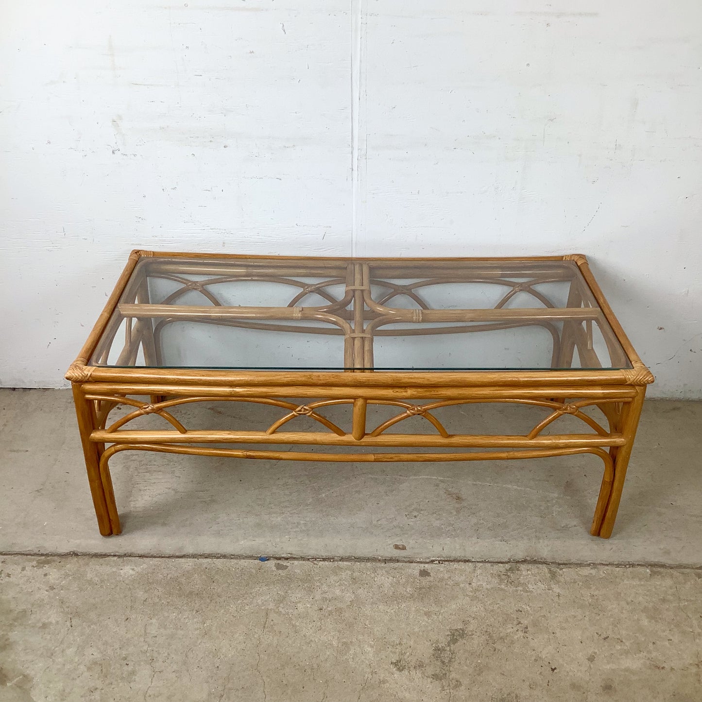 Vintage Rattan Cocktail Table, Cathedral Arch Apron with Glass Top