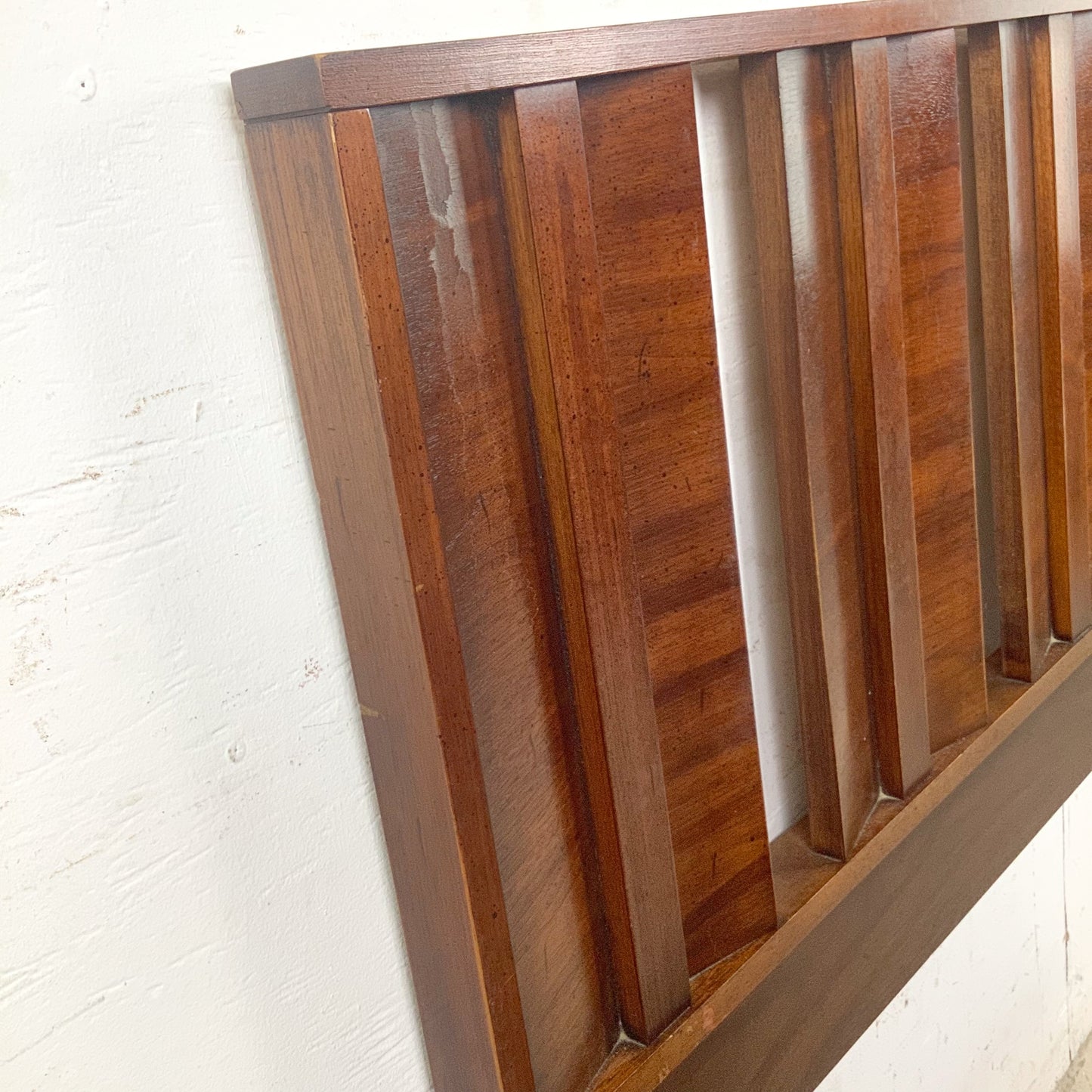 Vintage Mid-Century Modern Walnut Queen Headboard with Architectural Vertical Slat Design