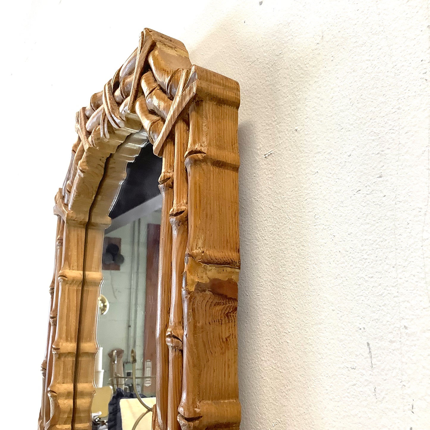 Natural Wood Faux Bamboo Mirror – 1970s Bohemian Coastal Design