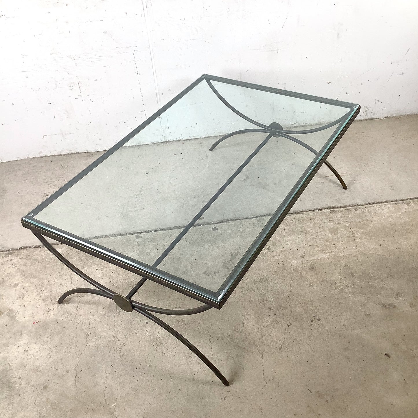 Vintage Modern Glass Coffee Table with Sculptural Wrought Iron Base