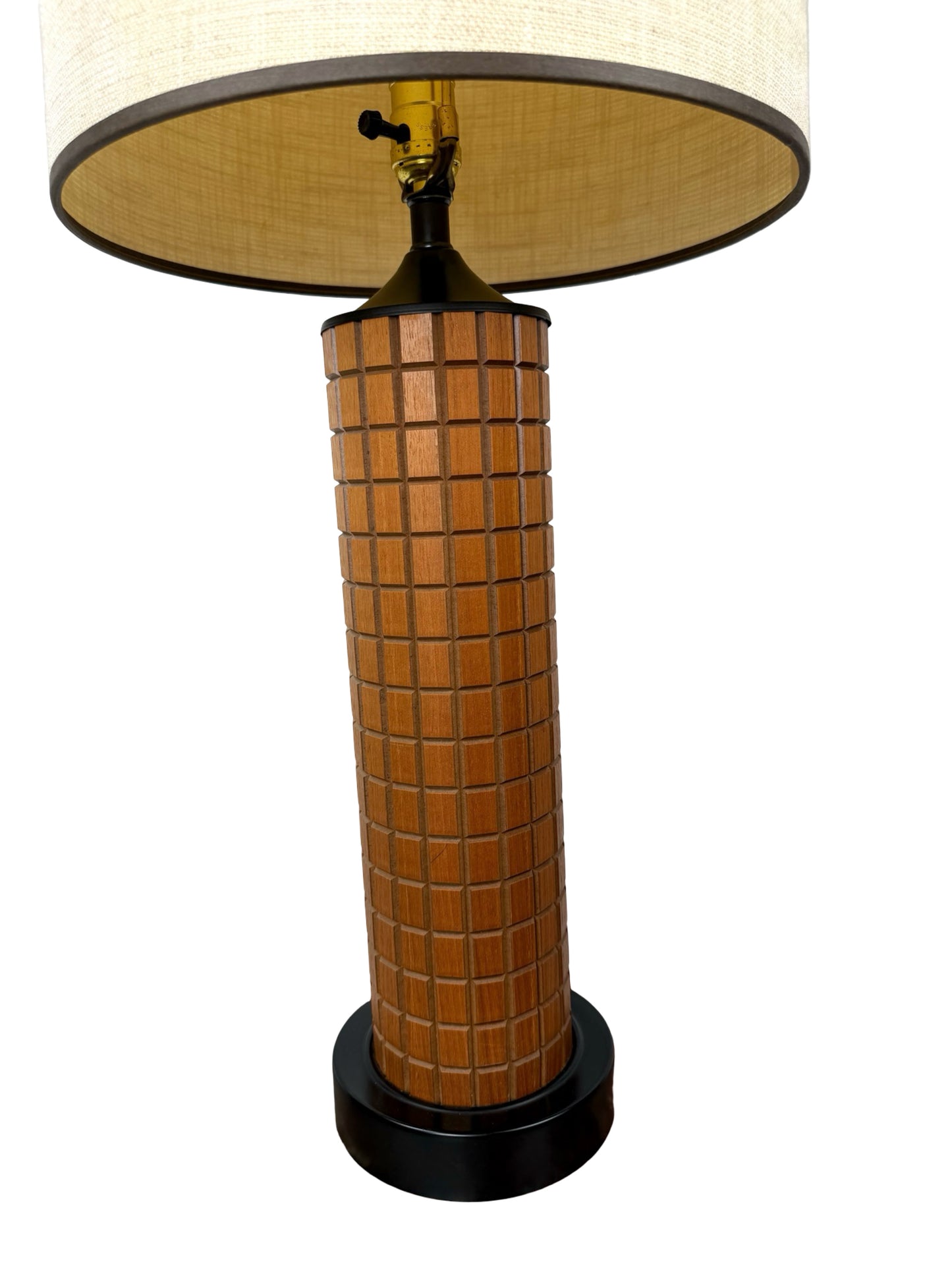 Vintage Mid-Century Modern Geometric Table Lamp with Grid Column Base