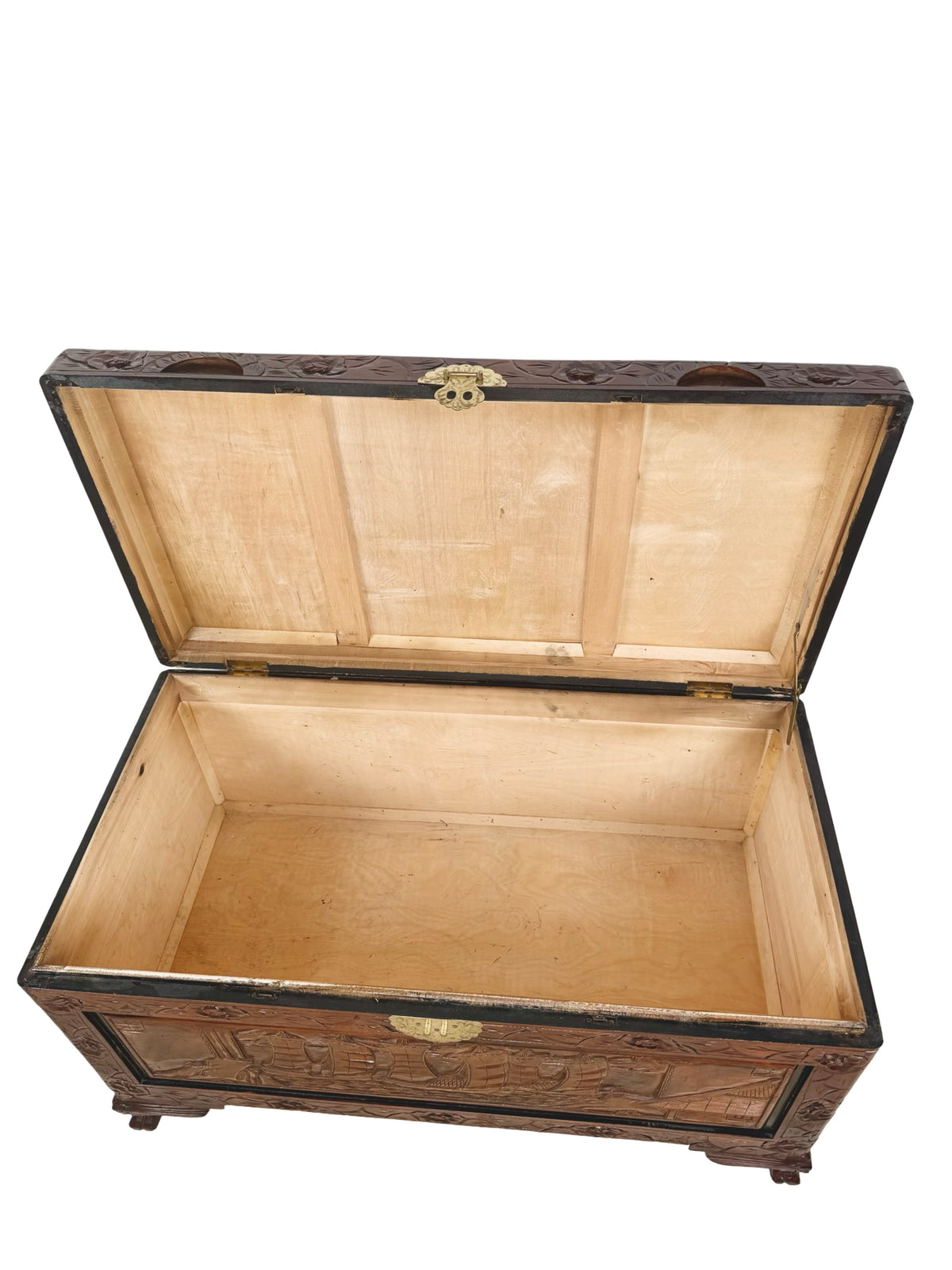 Vintage Asian Carved Wood Storage Chest with Figural Relief Carvings