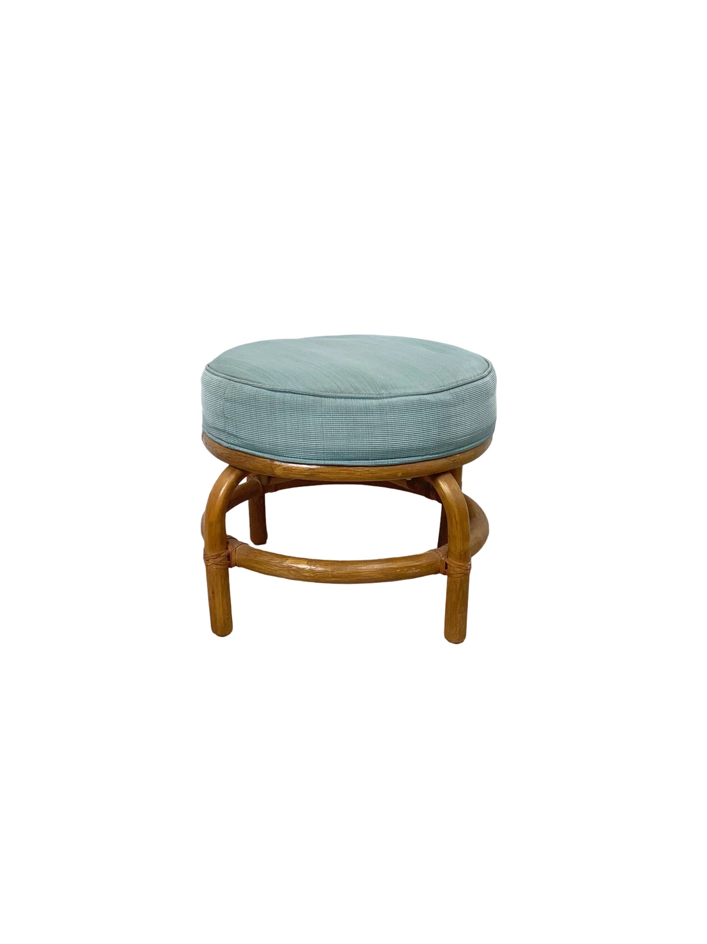 Vintage Rattan Round Ottoman — 1980s Coastal Style, Seafoam Green Upholstery