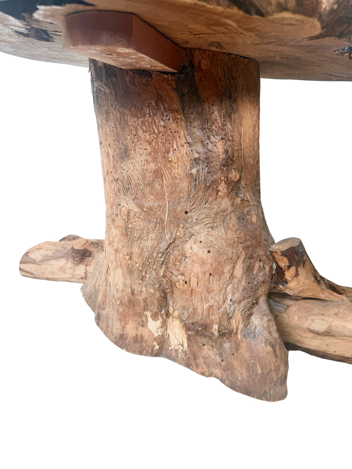 Vintage Two-Tier Live Edge Wood Coffee Table with Sculptural Trunk Base