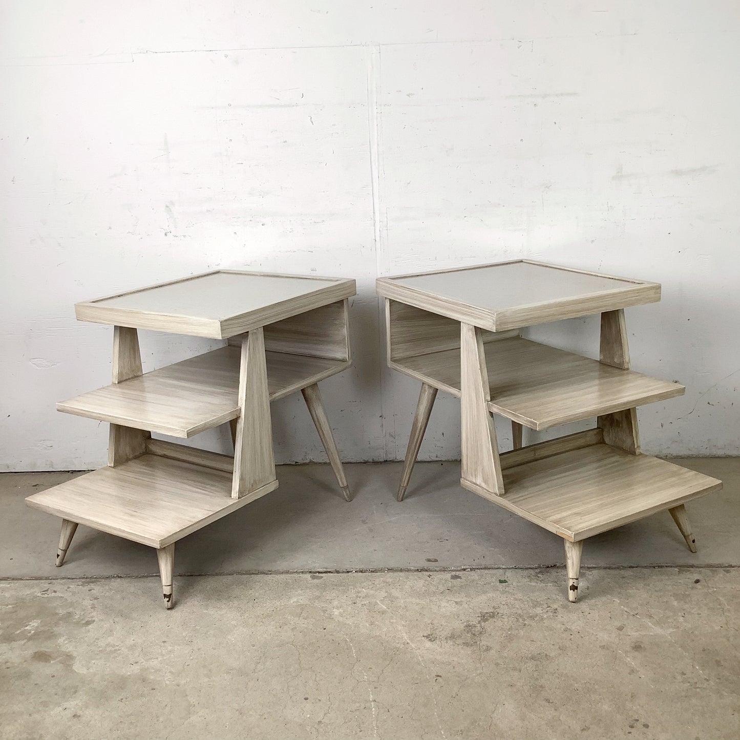Pair of Vintage Three-Tier Step End Tables | Cerused Finish
