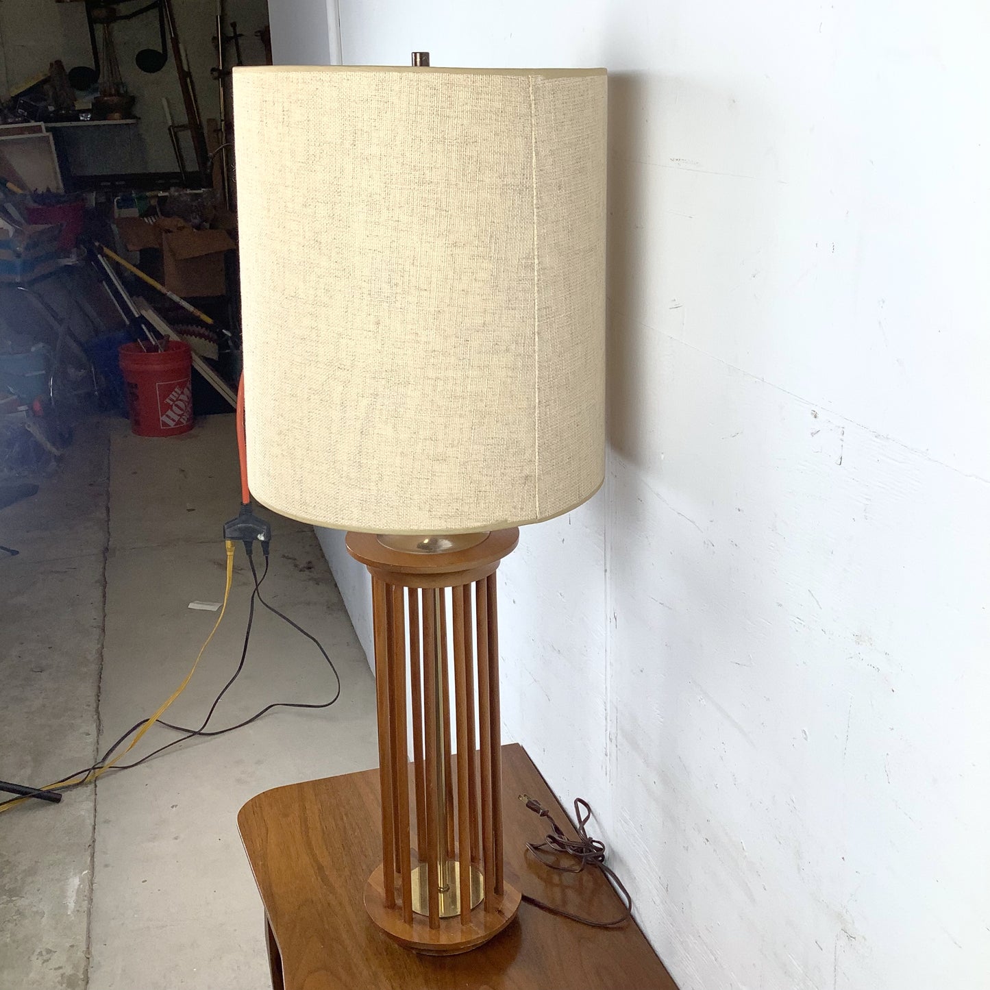 Vintage Mid-Century Walnut Dowel Table Lamp with Linen Drum Shade