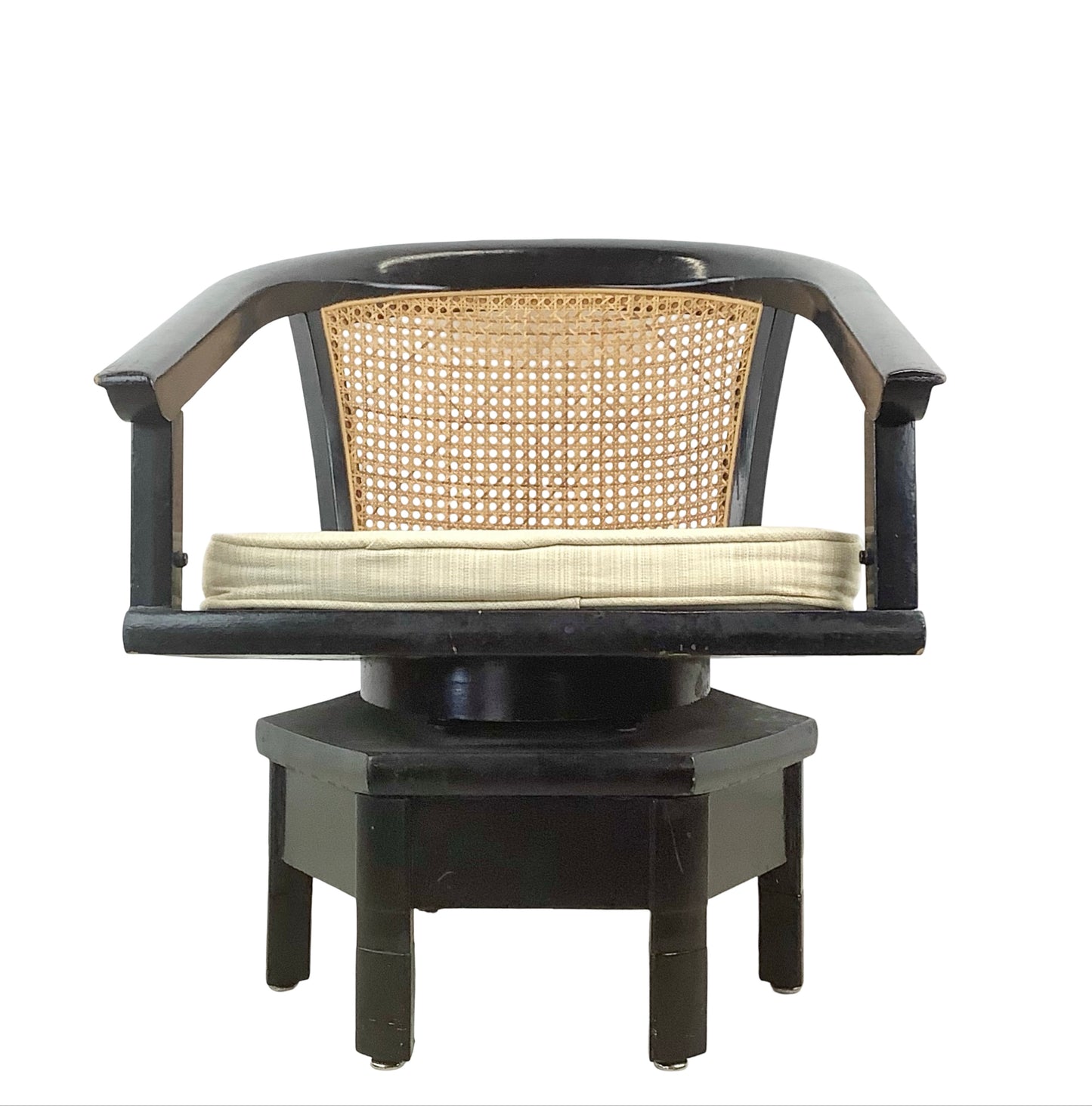Vintage Black Lacquer Cane Swivel Chair