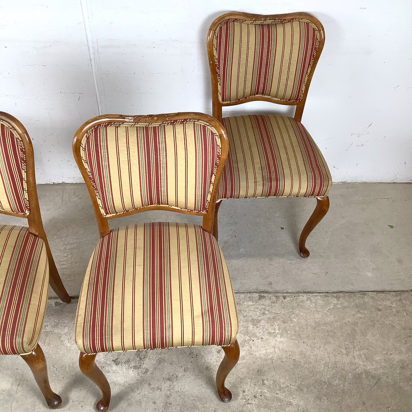 Queen Anne Dining Side Chairs — Set of Four | Walnut Cabriole Legs | Burgundy Stripe Upholstery