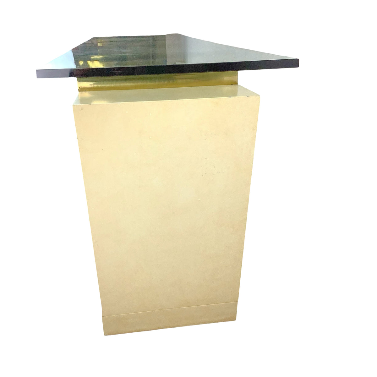 Vintage Modern Parchment-Style Console Table with Glass Top and Brass Accents