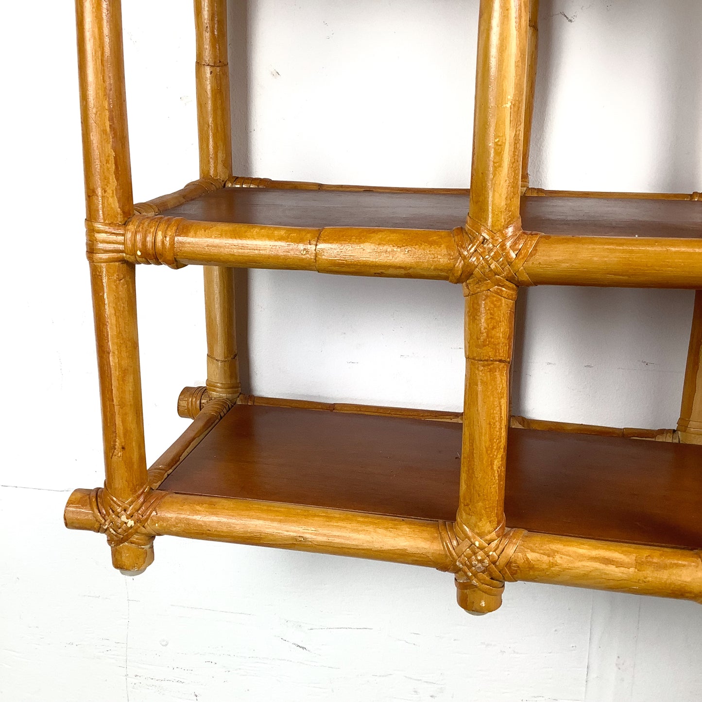 Vintage Bamboo & Rattan Stepped Hanging Wall Shelf | Paul Frankl Skyscraper Style | 1970s Boho Tropical
