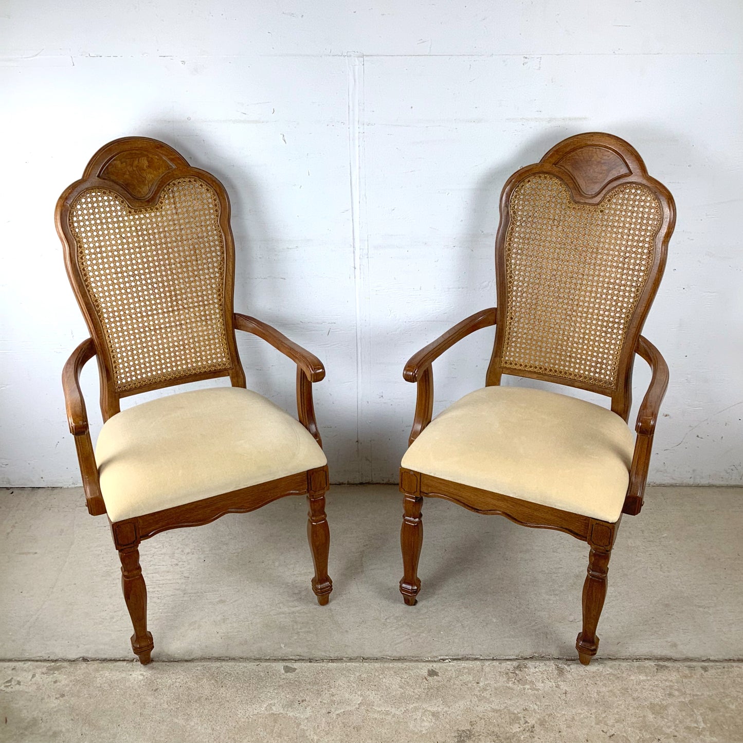 Pair of Vintage Provincial High-Back Cane Armchairs — Walnut, Burlwood Crest, 1970s