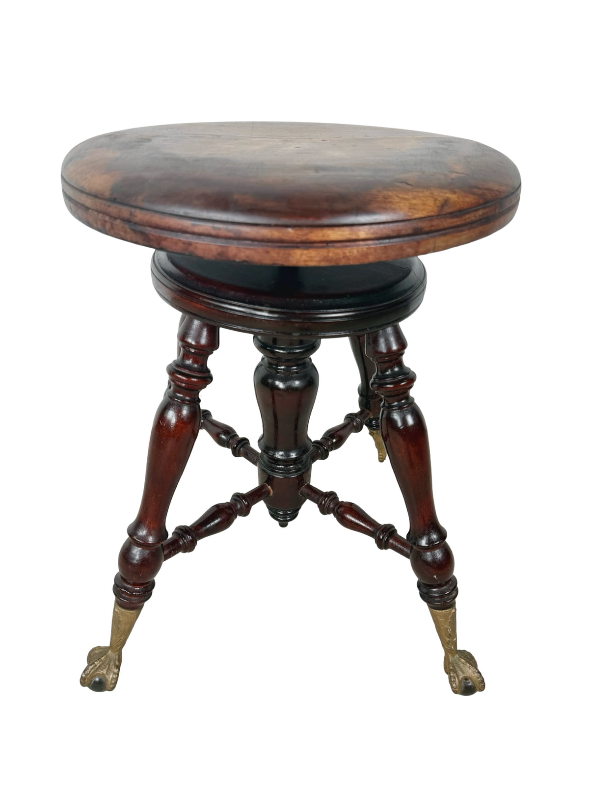 Antique Adjustable Piano Stool with Glass Ball-and-Claw Feet